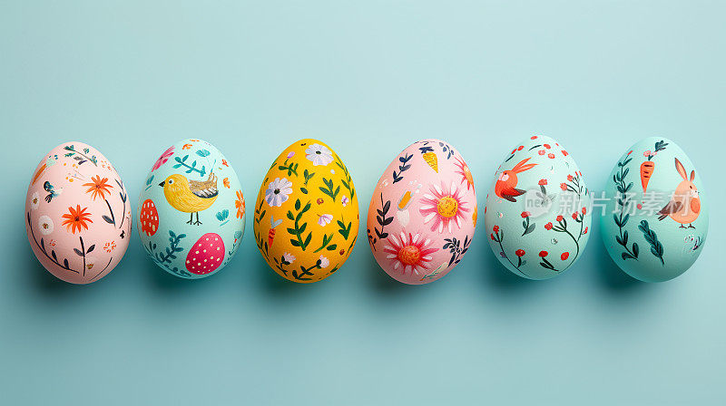 许多彩色复活节彩蛋在柔和的背景手绘。复活节庆祝的概念。前视图。