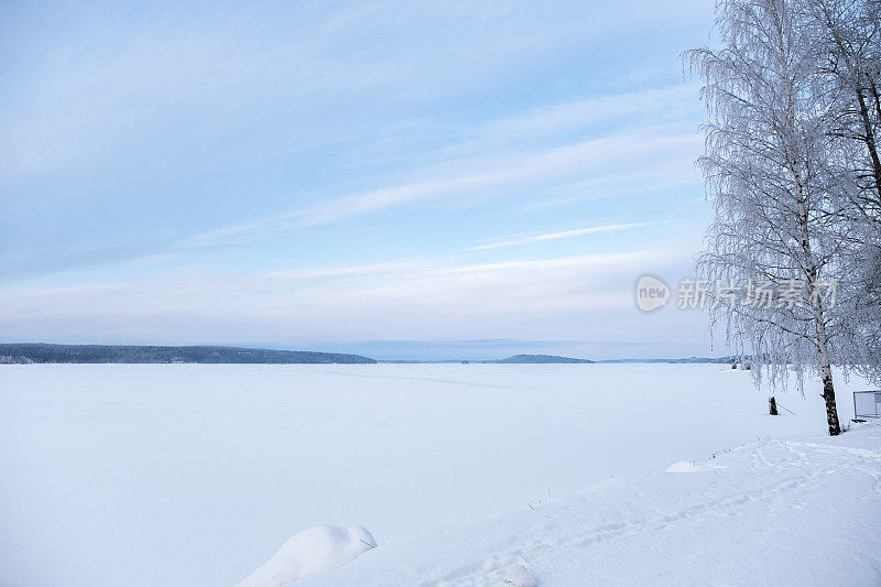 冬天的风景。冰雪覆盖的冰湖，在湖的岸边有一片白雪覆盖的森林。