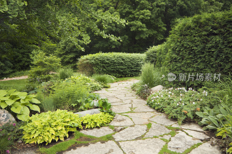 有正式的，观赏花园，花，和石头路径的庭院
