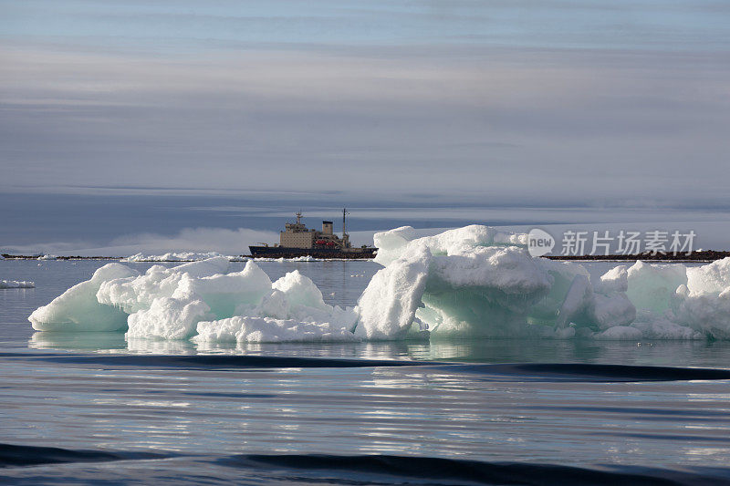 冰山和破冰船在北冰洋的背景