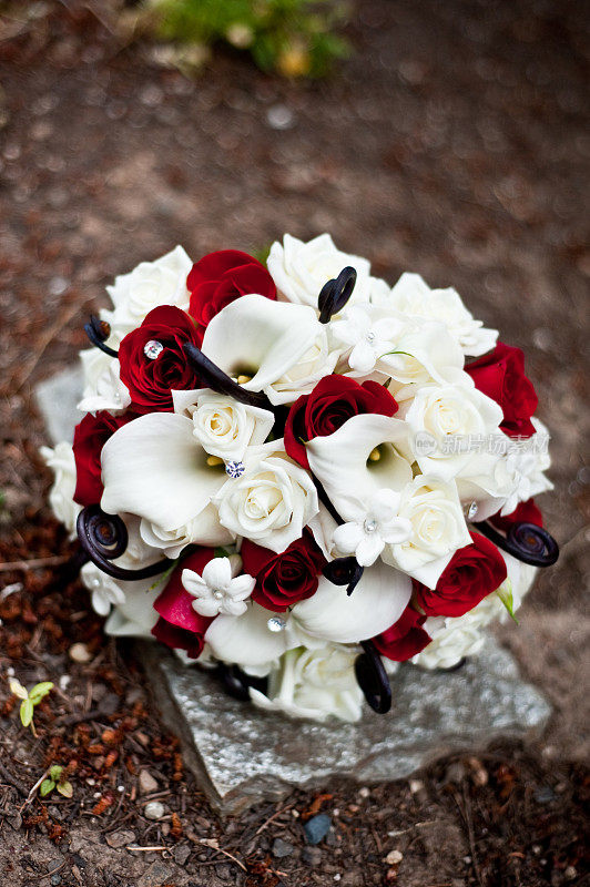 白玫瑰和红玫瑰，马蹄莲在优雅的新娘花束