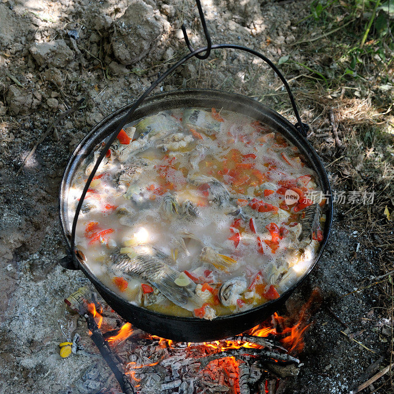 锅与热的食物户外