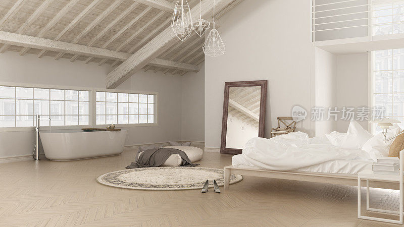 斯堪的纳维亚白色卧室，阁楼室内设计，极简主义的b