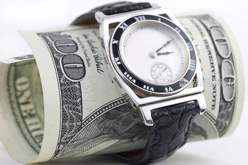 时间就是金钱手表和一百美元钞票