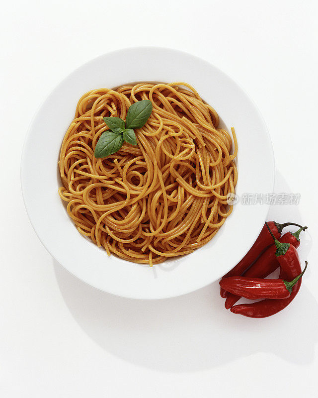 意大利面，加红辣椒酱的意大利面，白色的盘子
