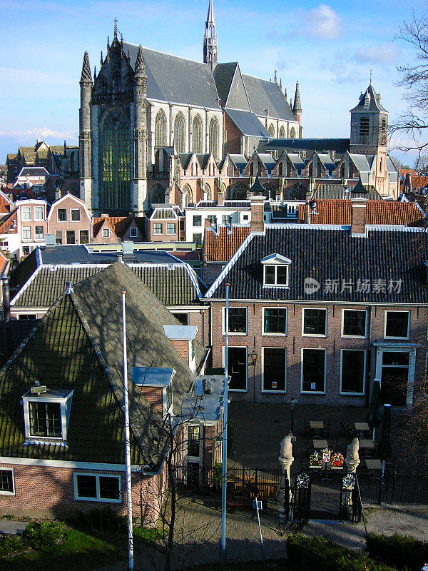 荷兰莱顿的屋顶和大教堂的剪影