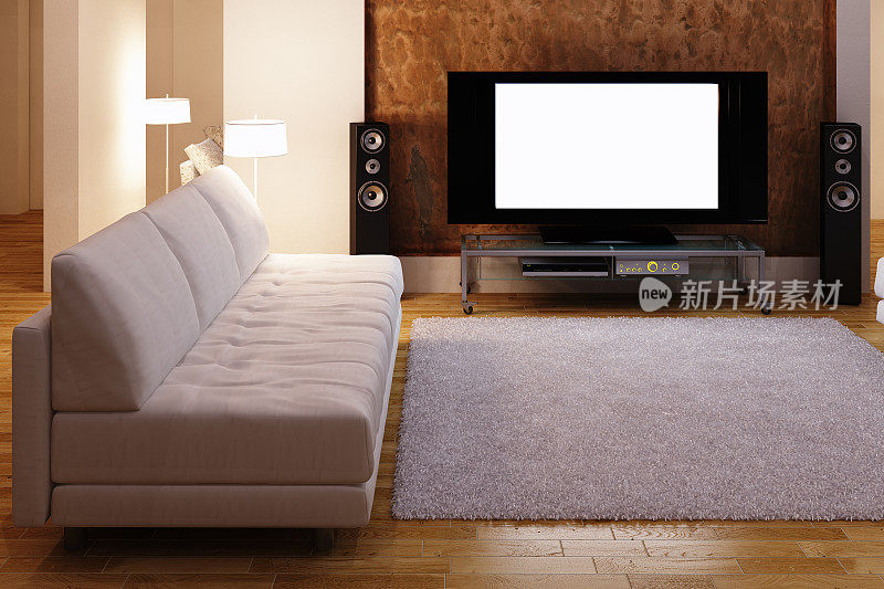 现代客厅的3D渲染米色沙发和电视