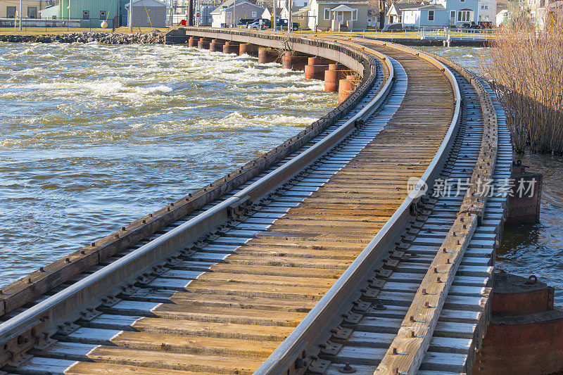 风景优美的弯铁路桥横跨河流，水流湍急