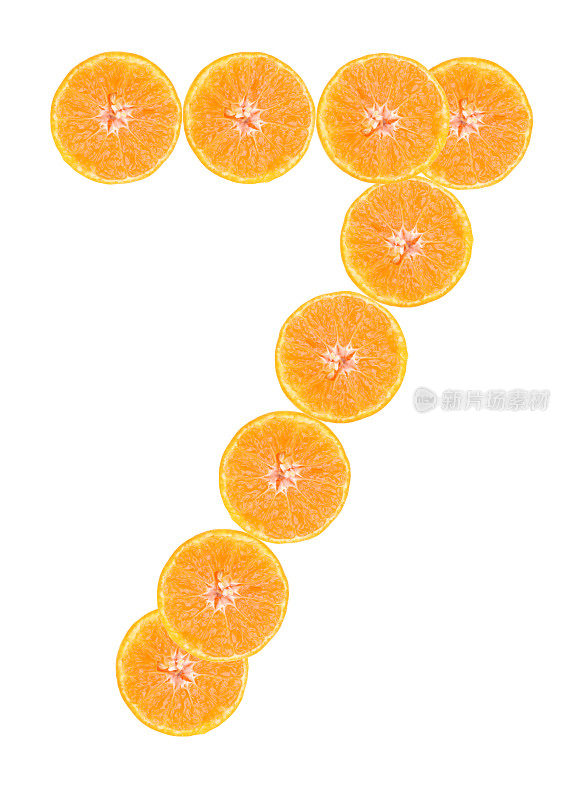 7号，白色背景上的橙色柑橘类水果字体