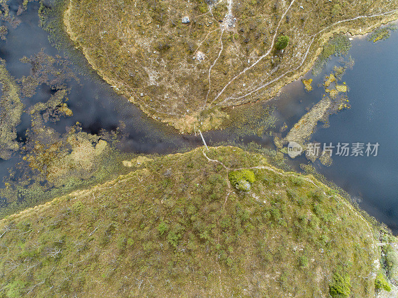 绿色崎岖的山地景观与湖泊，河流和郁郁葱葱的森林从上面看