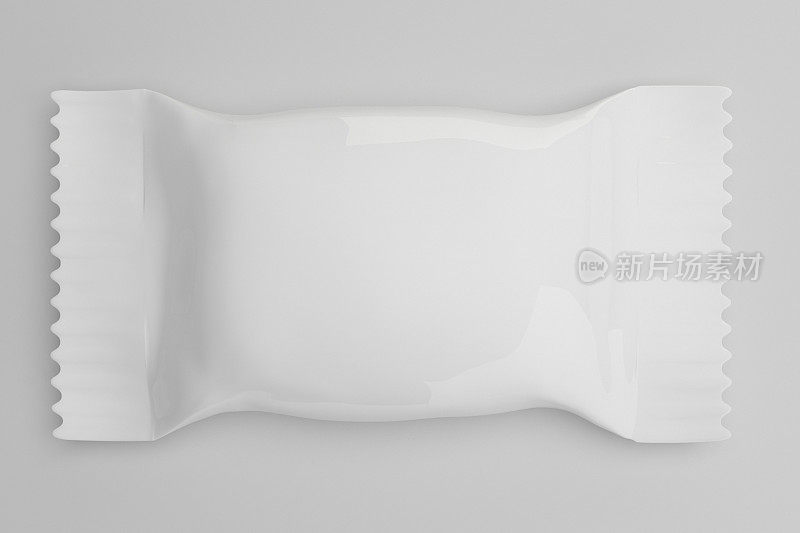 3d渲染白色空白巧克力条零食袋孤立的白色背景。包装模板模型。