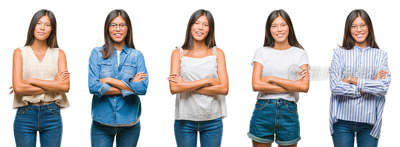 在孤立的背景上的中国亚洲妇女的拼贴笑脸，双臂交叉看着镜头。积极的人。