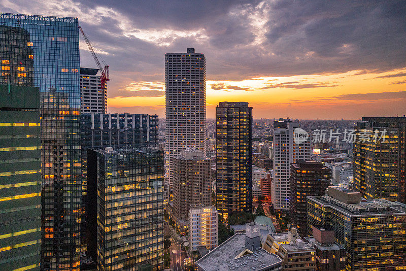 东京，日本城市天际线与日落