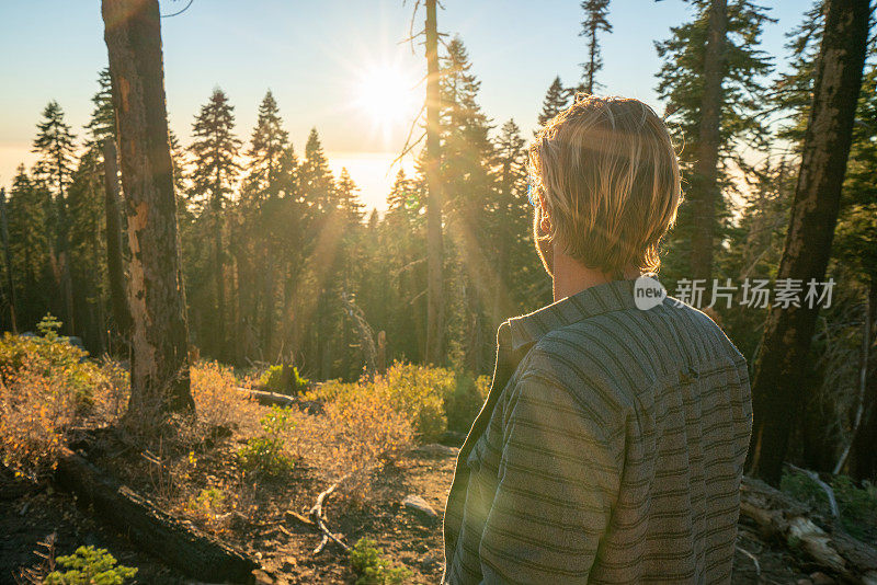 一个年轻人站在森林里看日落时美丽的山谷
