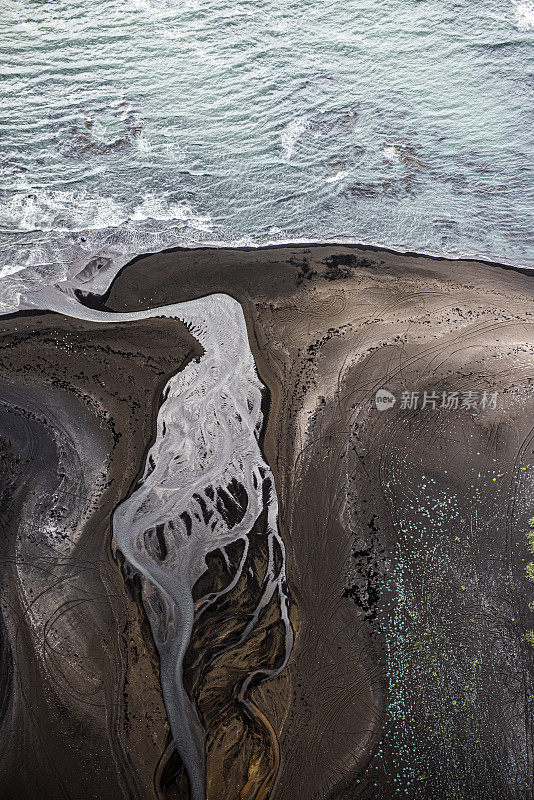 从直升机上拍摄到的冰岛海岸线流入大海的冰川河