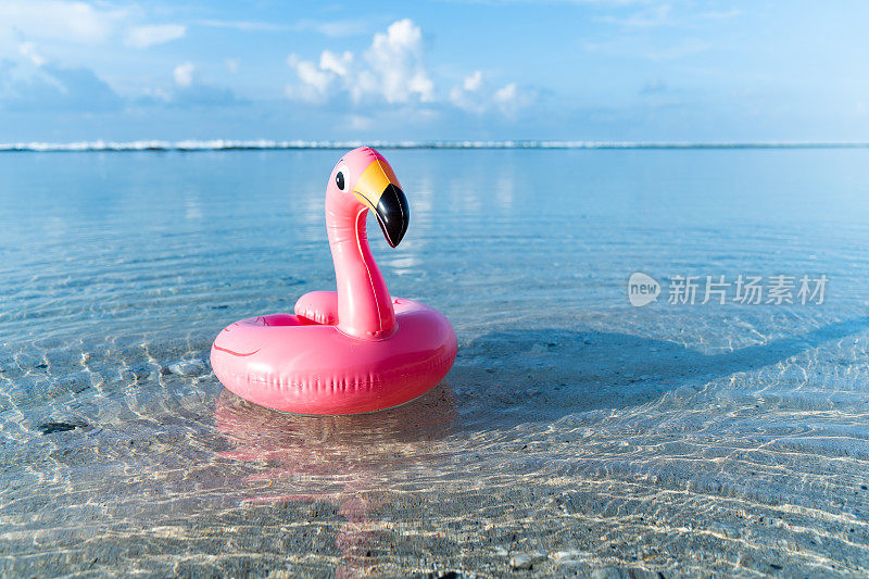 充气粉红色火烈鸟漂浮在透明的绿松石海。蓝色的天空，很少有云的背景。