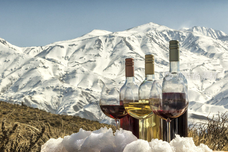 红色，rosé和白葡萄酒在雪山脚下。
