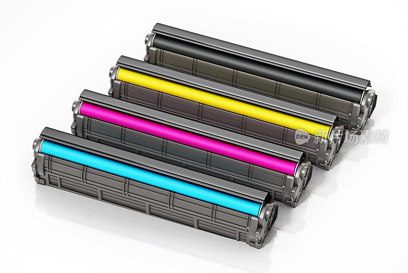 一套备用激光打印机碳粉盒。青色，洋红，黄色和黑色