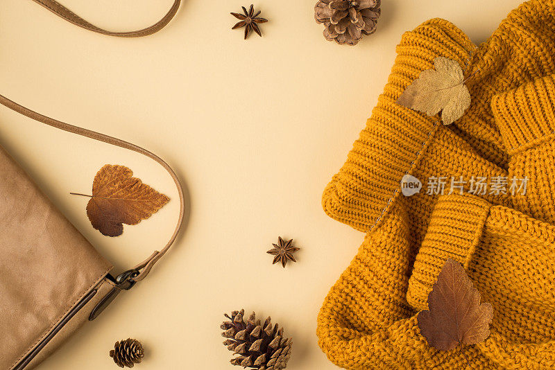 顶部视图照片黄色毛衣皮革包秋天棕色叶子，茴芹和松果在孤立的淡棕色背景