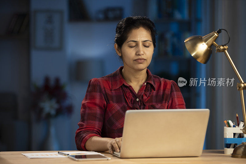 女商人在家里用笔记本电脑。库存图片