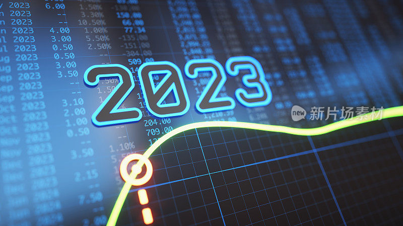 用绿色发光线和蓝色财务数据表格预测2023年。特写，散焦，低角度构图。