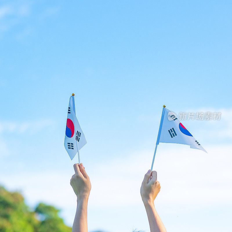 手拿朝鲜国旗在自然背景。立国节、开天节、国定假日、光复节和欢乐庆典的概念