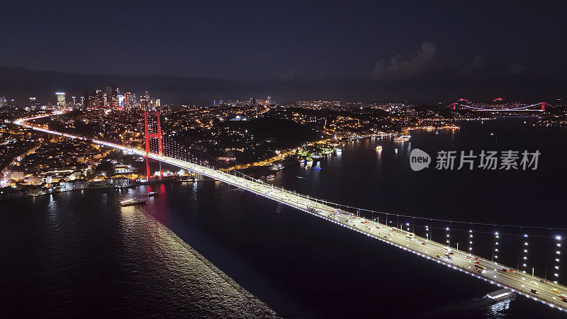 土耳其伊斯坦布尔，博斯普鲁斯大桥下的马尔马拉海夜景鸟瞰图