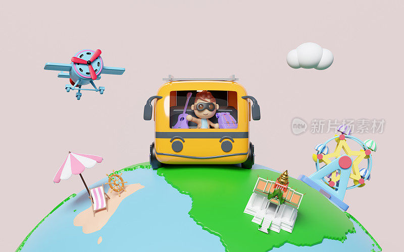 旅游巴士载着男孩、飞机、行李、吉他、测量仪、摩天轮、孤立的岛屿在粉红色的背景下环游世界。环游世界的概念，3d渲染插图