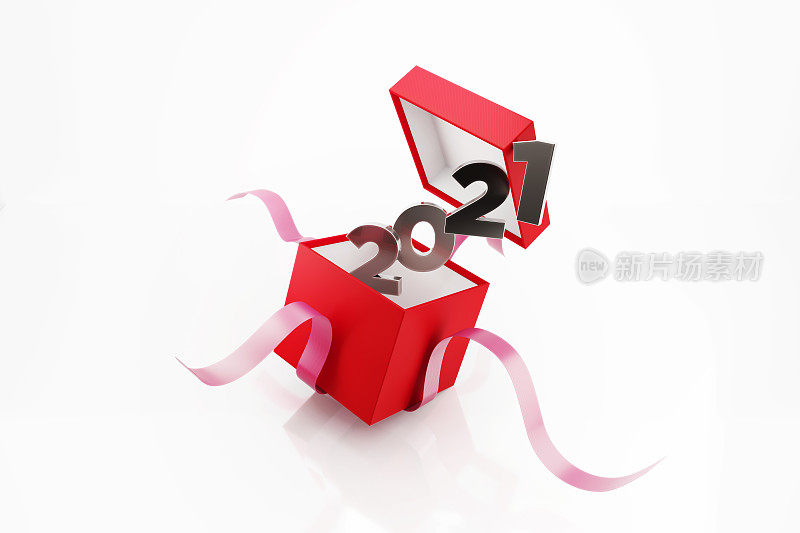 红色礼盒系着粉色丝带正在被打开在白色的背景
