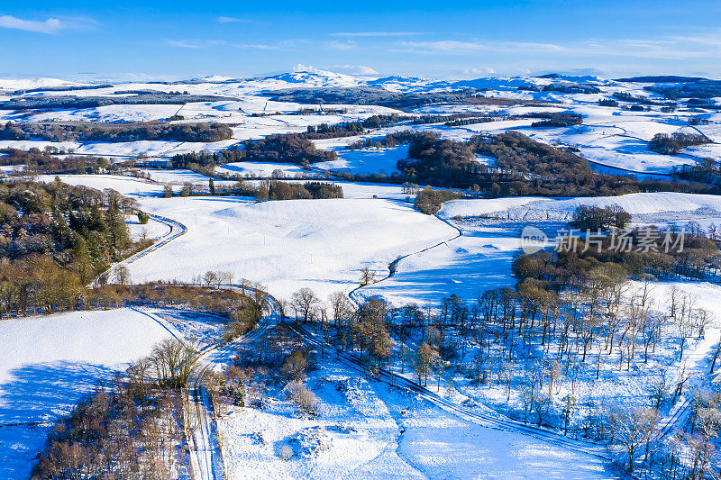 这是苏格兰西南部一处林地的无人机拍摄的新一场降雪后的景象