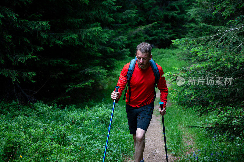 一个年轻人在森林深处徒步旅行