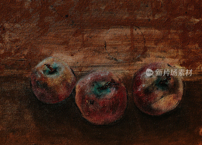 一幅画三个苹果的油画，丙烯画在帆布上
