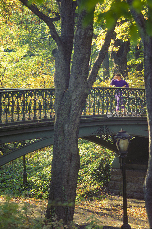 一名女子在秋天穿过中央公园的一座桥