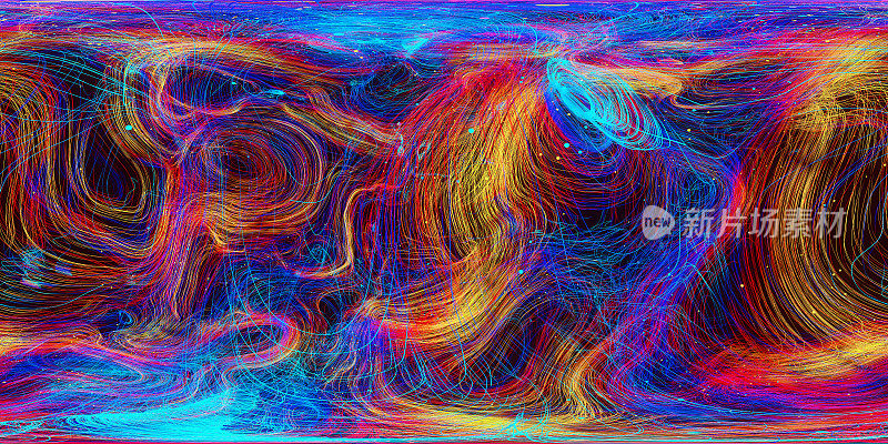 发光的彩色粒子正在形成一个未来主义的图像，在黑色空间留下明亮的踪迹，360全景，计算机图形