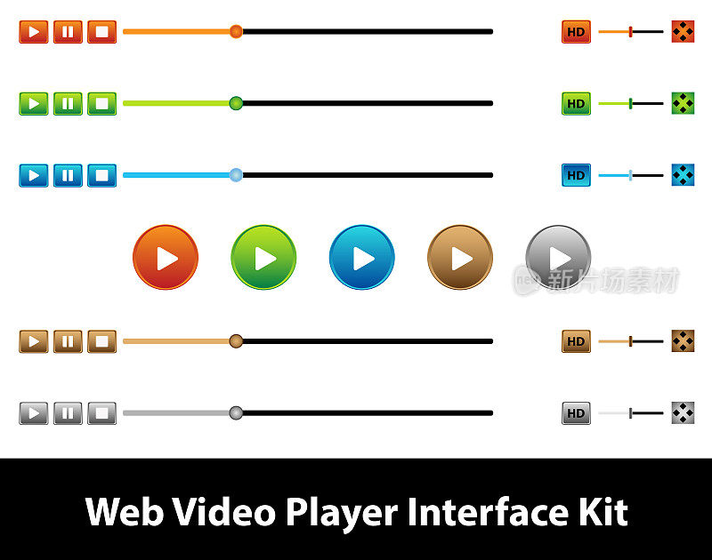 白色背景上的Web视频播放器界面套件