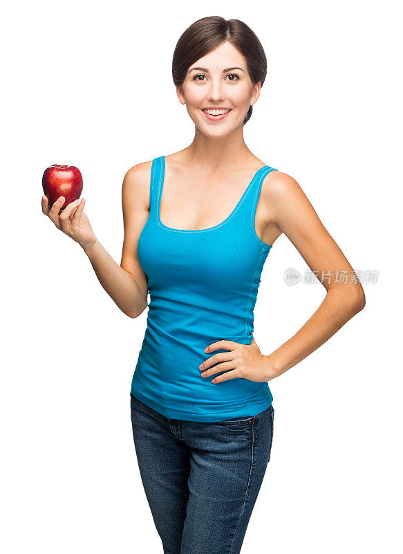 年轻的拉丁女人拿着一个苹果