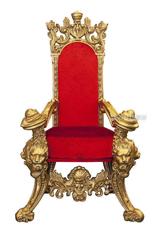 金色的王座，红色的坐垫孤立在白色之上