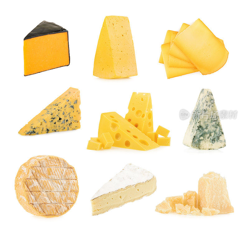 不同种类的奶酪在白色背景下分离。