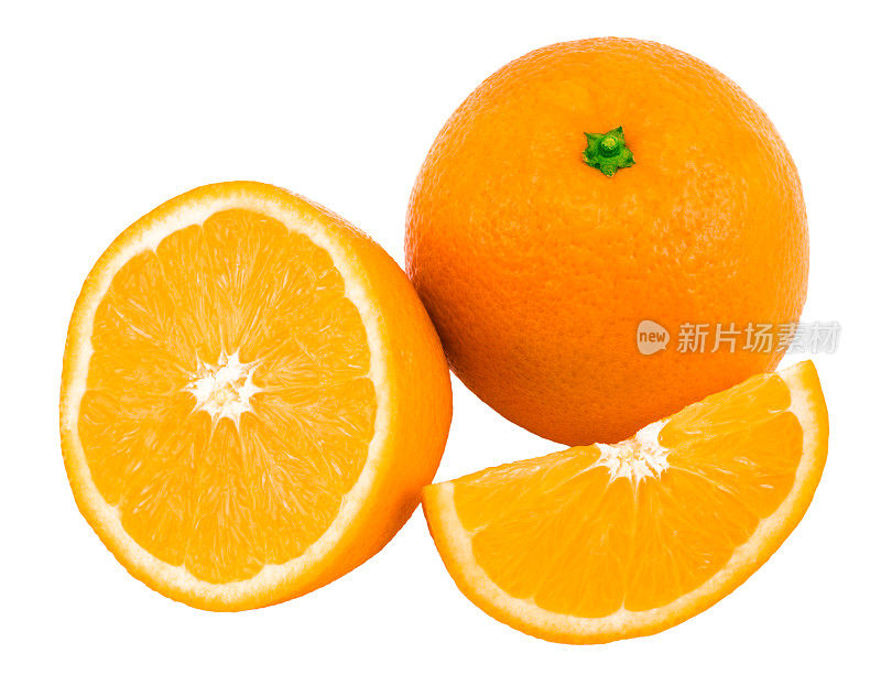 新鲜的橙色水果，切片孤立在白色上