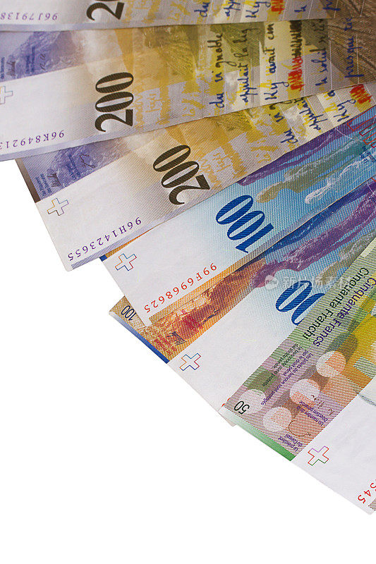 瑞士法郎纸币孤立在白色背景。