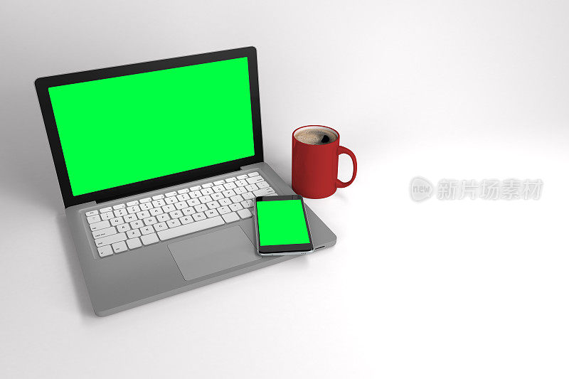 空白的电脑和电话屏幕，一杯红色的咖啡