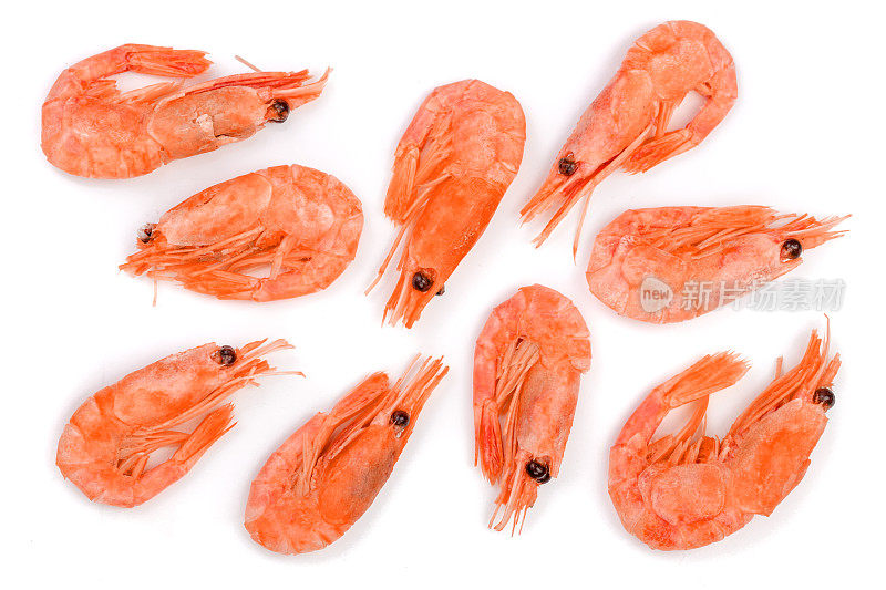 孤立在白色背景上的红煮虾或虾。前视图。平躺