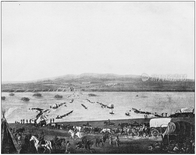 美国著名风景的古董照片:移民，1868年横渡普拉特河(来自绘画)