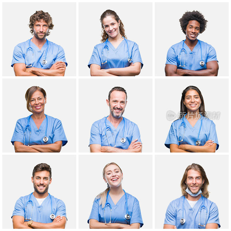 一群专业医生护士在孤立的背景下拼贴笑脸，双臂交叉看着镜头。积极的人。