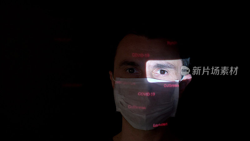 COVID-19相关文字在男子脸上的投影