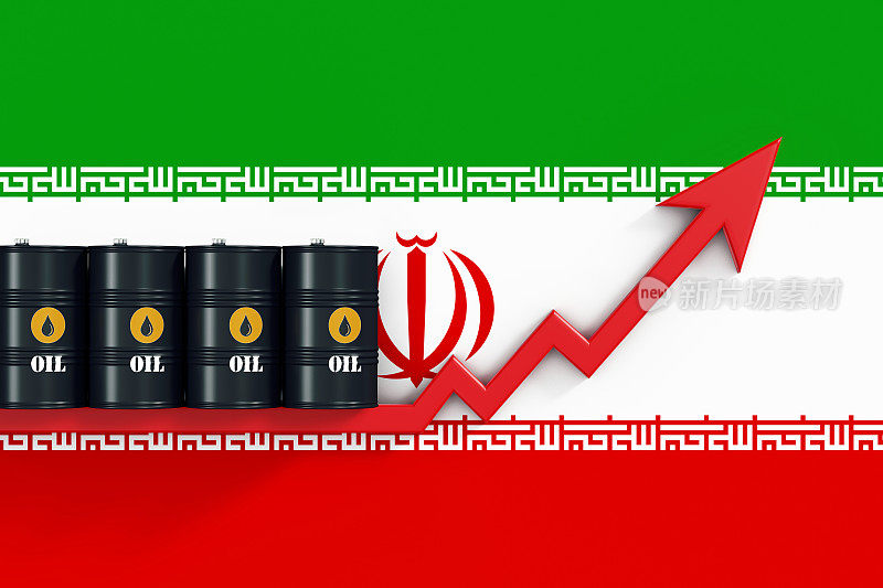 坐在伊朗国旗上的红箭头上方的石油桶——全球石油供需概念