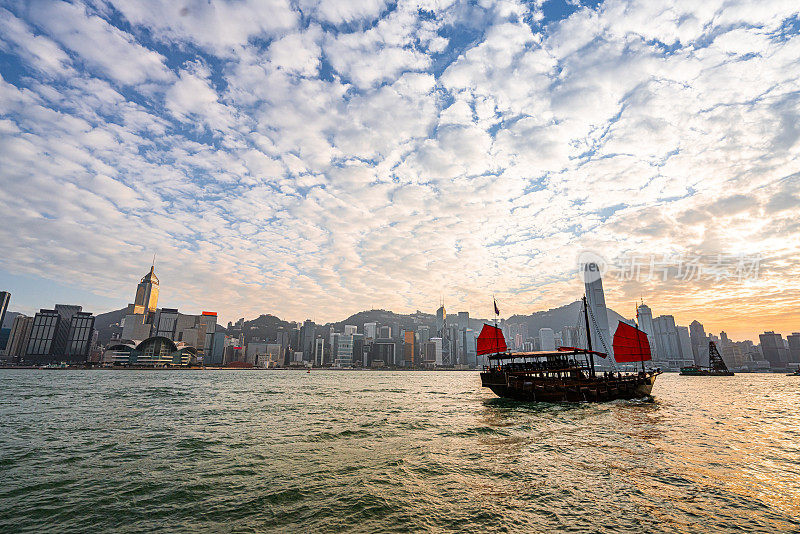 红帆舢舨在夕阳下沿香港市区巡游