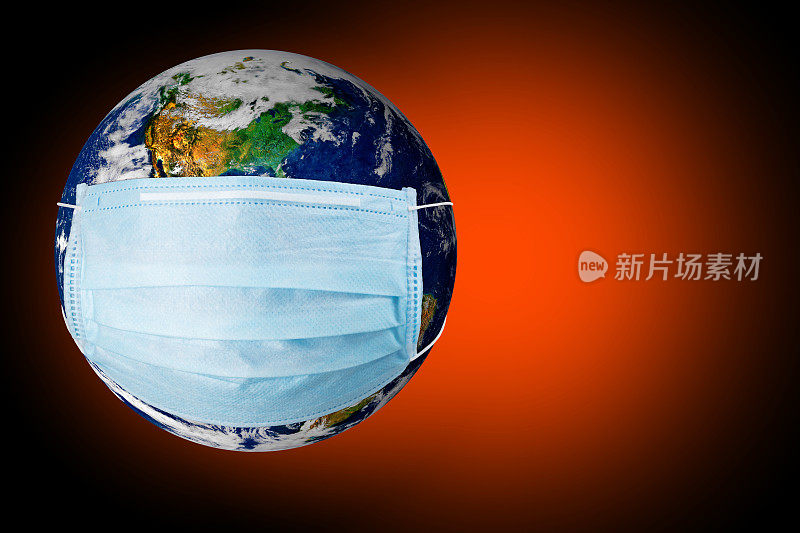 流行病概念-行星地球在一个医疗面具在一个红色梯度的背景