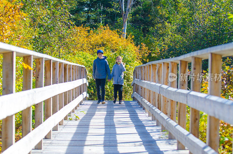 秋日，两个孩子在森林里的木桥上行走