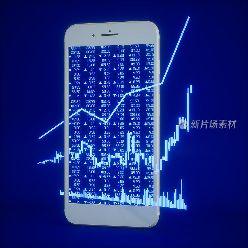 蓝色背景智能手机屏幕上的金融项目和图表